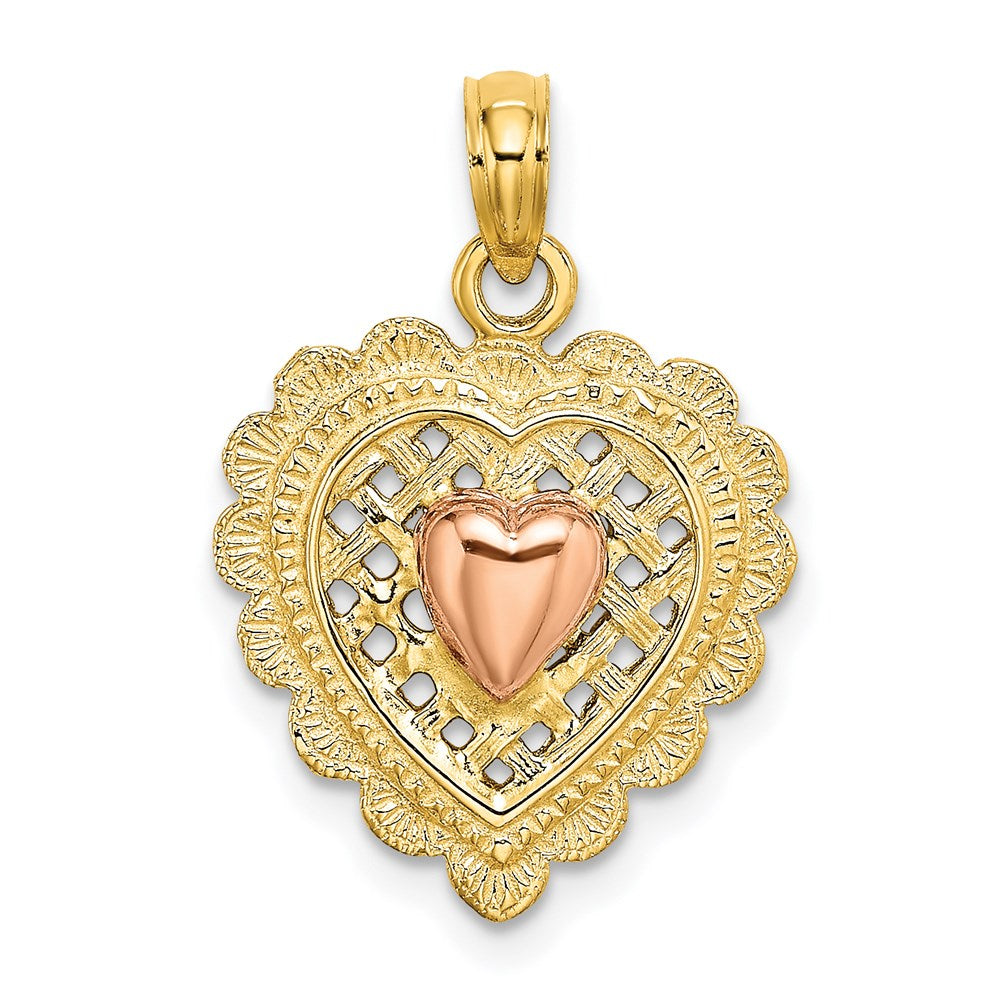 14K Bicolor Gold Herz auf strukturiertem Herz-Charm, poliert, Rosé- und Gelbgold