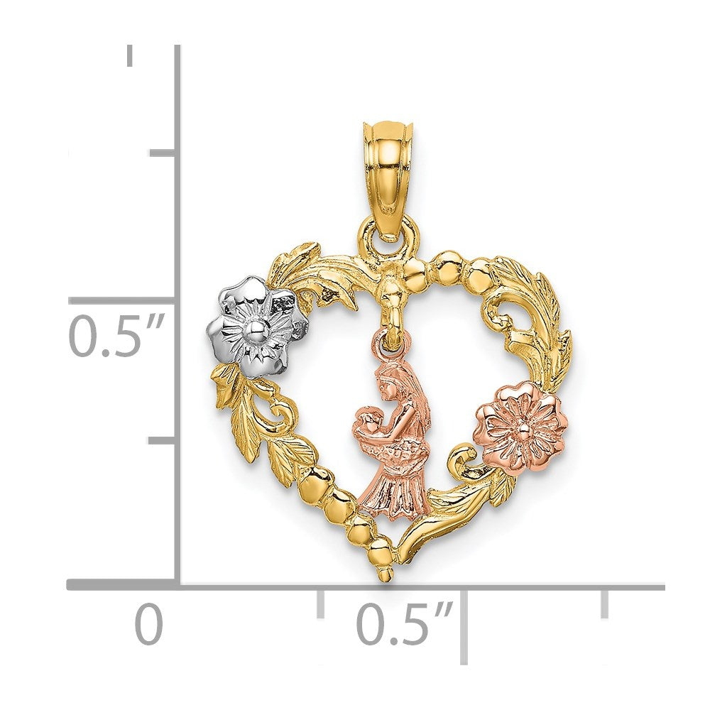 14K Bicolor Weiß Rhodium Motherly Liebe mit Blumen in Herz Charm