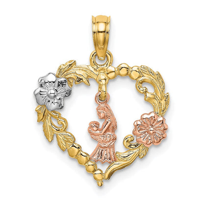 14K Bicolor Weiß Rhodium Motherly Liebe mit Blumen in Herz Charm