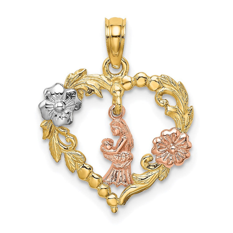 14K Bicolor Weiß Rhodium Motherly Liebe mit Blumen in Herz Charm