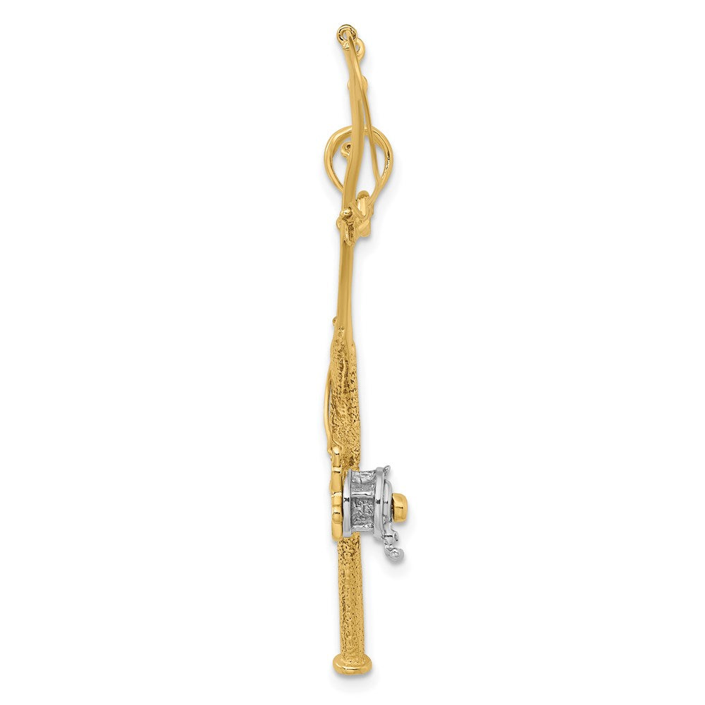 14K Gelb- und Rhodiumgold mit Rhodium 3-D beweglicher Angelrute-mit-Rolle-Charm