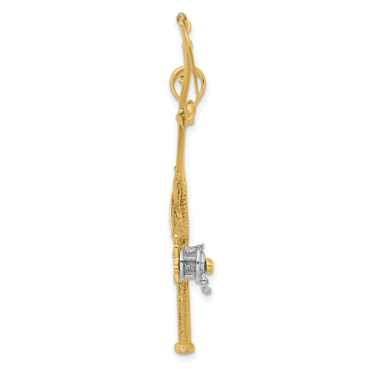 14K Gelb- und Rhodiumgold mit Rhodium 3-D beweglicher Angelrute-mit-Rolle-Charm