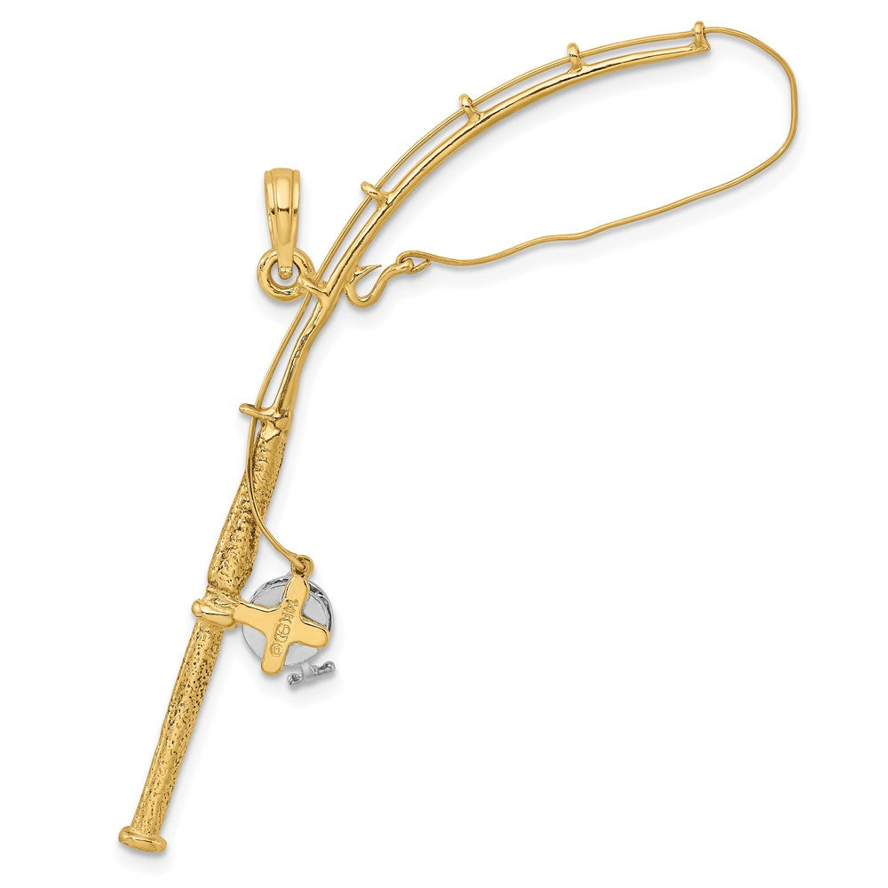 14K Gelb- und Rhodiumgold mit Rhodium 3-D beweglicher Angelrute-mit-Rolle-Charm