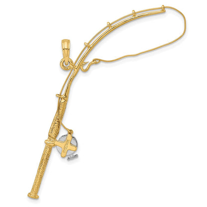 14K Gelb- und Rhodiumgold mit Rhodium 3-D beweglicher Angelrute-mit-Rolle-Charm