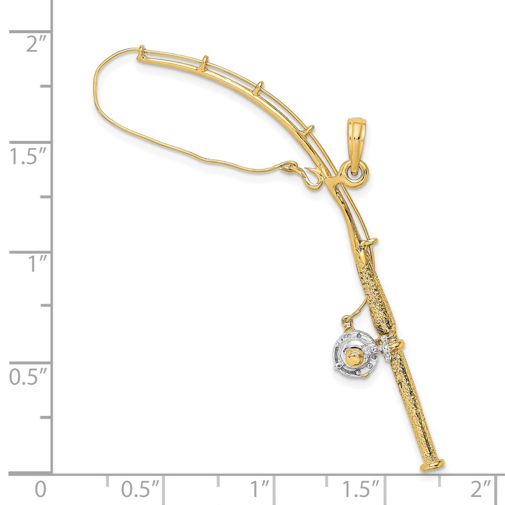14K Gelb- und Rhodiumgold mit Rhodium 3-D beweglicher Angelrute-mit-Rolle-Charm