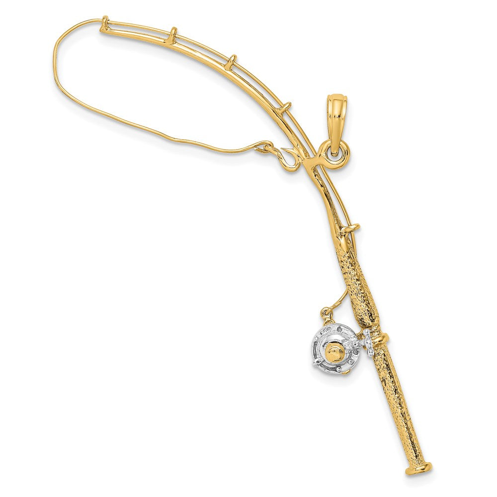 14K Gelb- und Rhodiumgold mit Rhodium 3-D beweglicher Angelrute-mit-Rolle-Charm