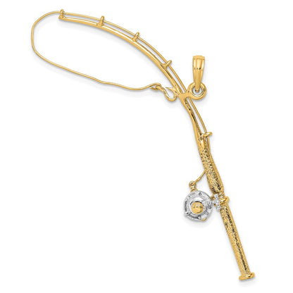 14K Gelb- und Rhodiumgold mit Rhodium 3-D beweglicher Angelrute-mit-Rolle-Charm