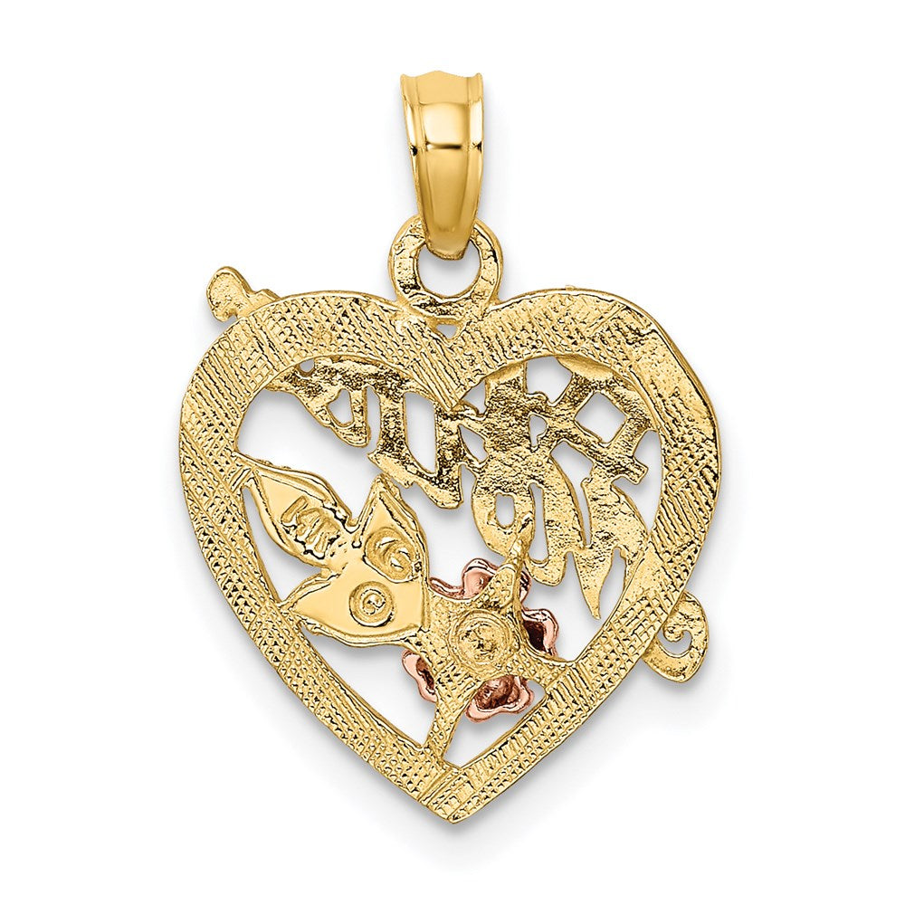 14K Bicolor-Gold mit Weiß-Rhodium #1 MOTHER Herz-Charm mit Blume