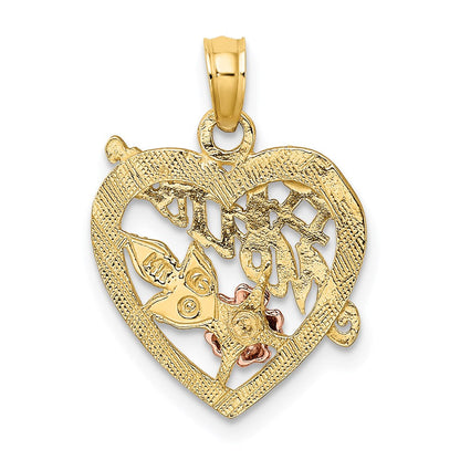 14K Bicolor-Gold mit Weiß-Rhodium #1 MOTHER Herz-Charm mit Blume