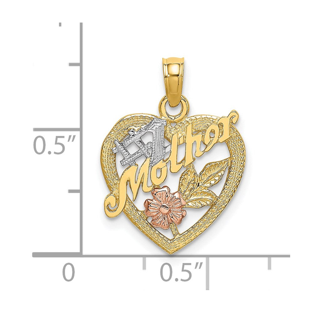 14K Bicolor-Gold mit Weiß-Rhodium #1 MOTHER Herz-Charm mit Blume