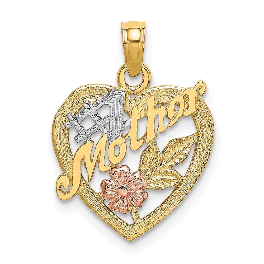 14K Bicolor-Gold mit Weiß-Rhodium #1 MOTHER Herz-Charm mit Blume