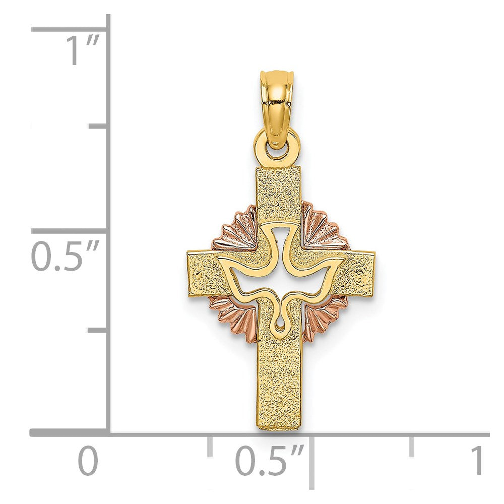 14K Bicolor Ausgeschnitten Taube auf Kreuz Charm