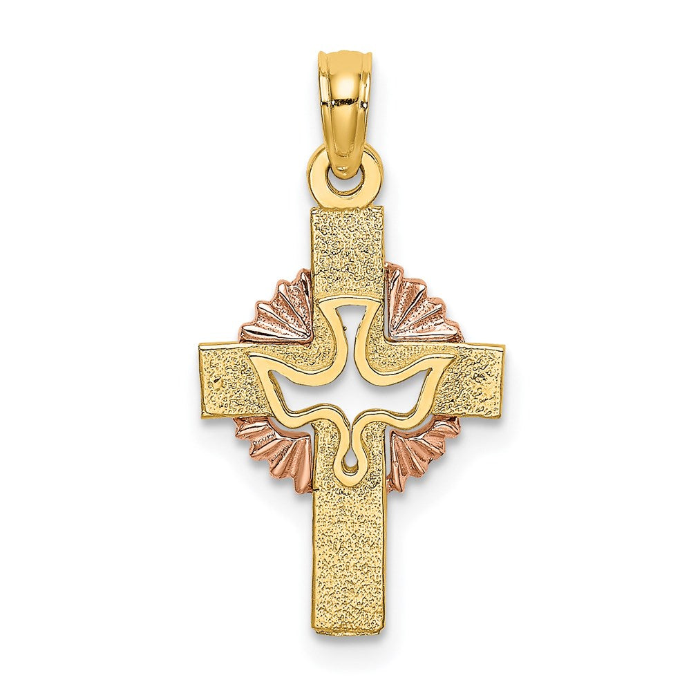 14K Bicolor Ausgeschnitten Taube auf Kreuz Charm