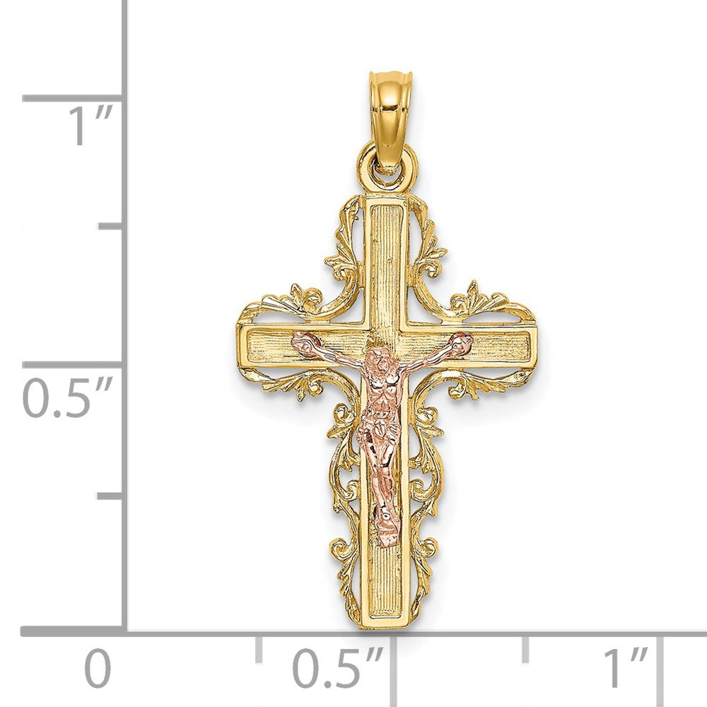 14K Bicolor mit Lace Zierde Kruzifix Charm