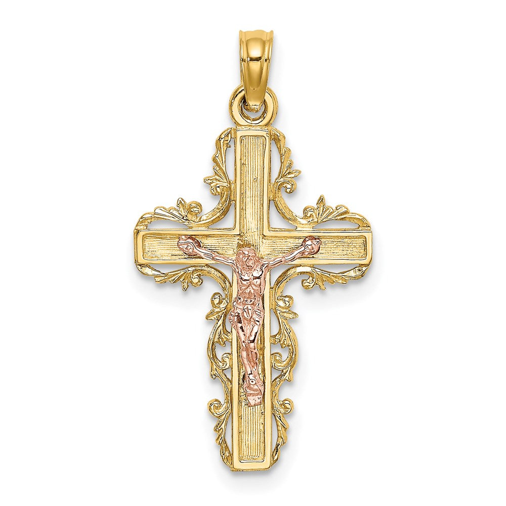 14K Bicolor mit Lace Zierde Kruzifix Charm