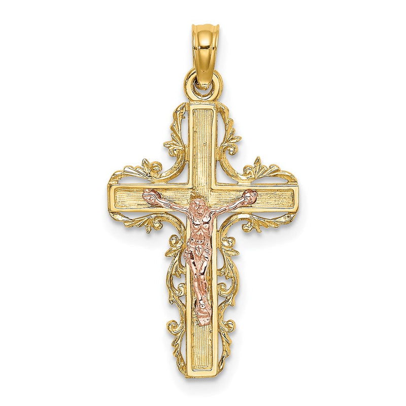 14K Bicolor mit Lace Zierde Kruzifix Charm