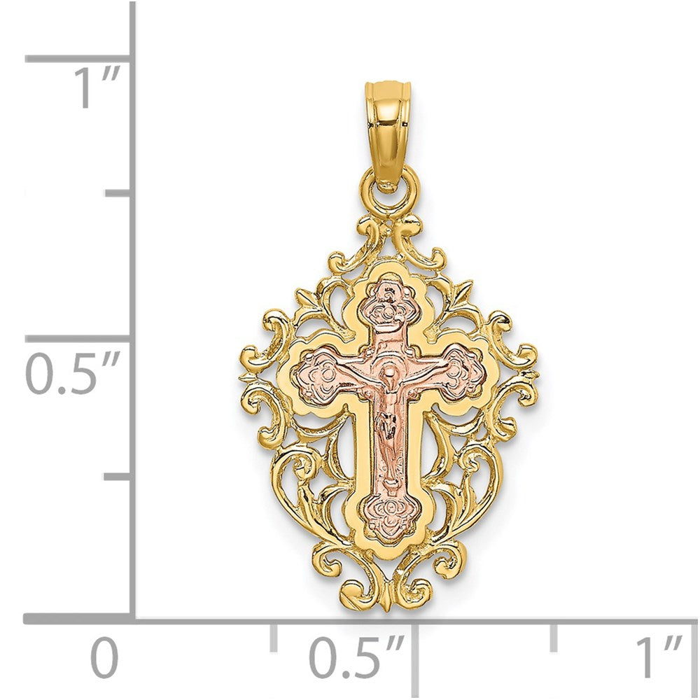 14K Bicolor mit Lace Zierde Kruzifix Charm