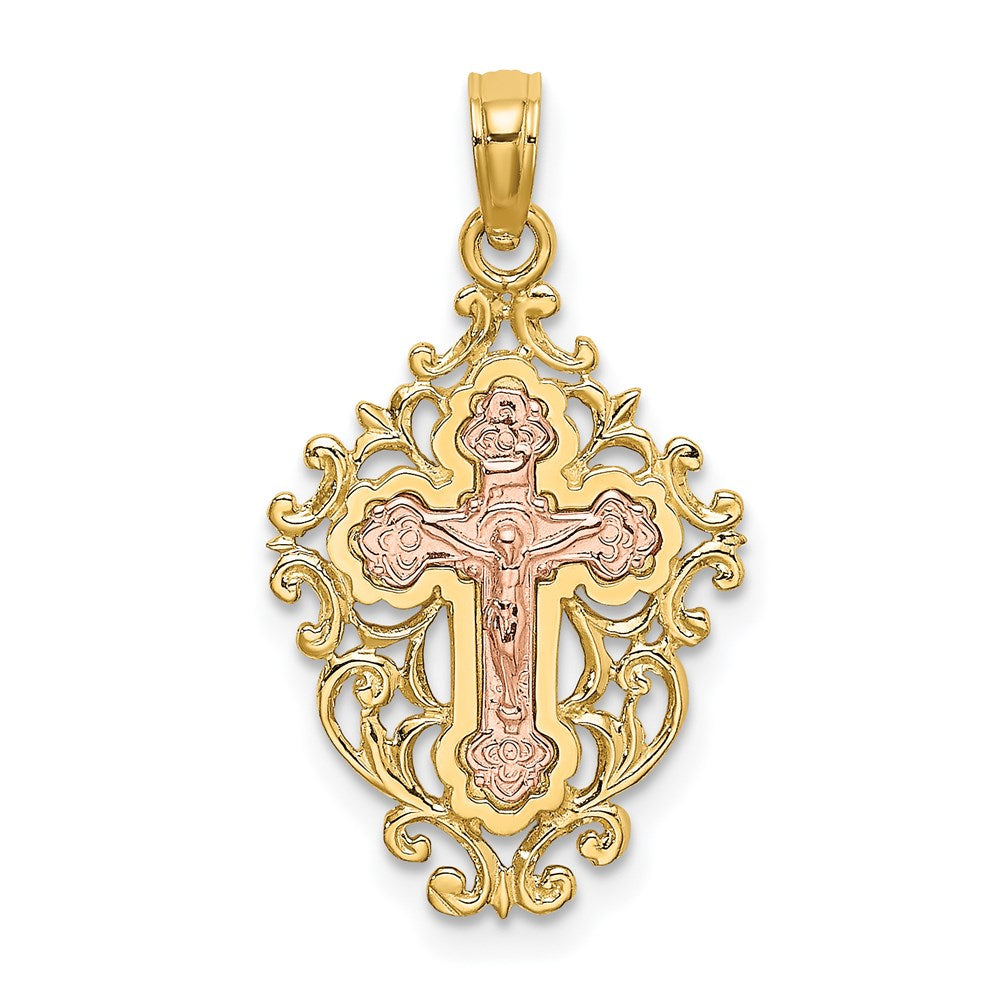 14K Bicolor mit Lace Zierde Kruzifix Charm