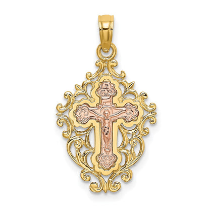 14K Bicolor mit Lace Zierde Kruzifix Charm