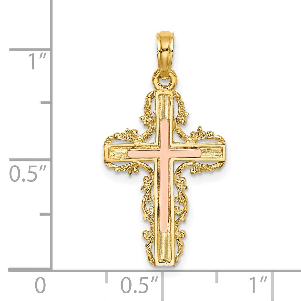 14K Zweifarbiges Gold Kreuz-Charm mit Zweifarbigem Gold-Spitzenbesatz