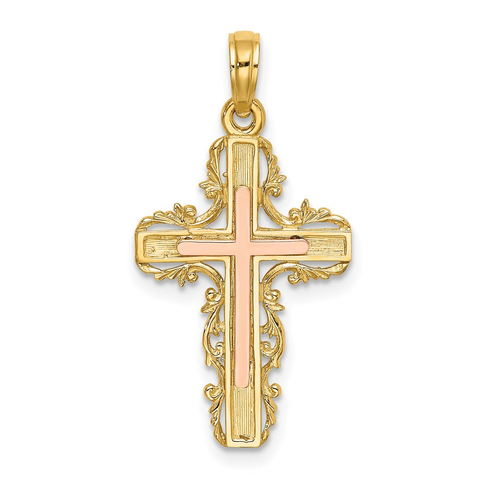 14K Zweifarbiges Gold Kreuz-Charm mit Zweifarbigem Gold-Spitzenbesatz