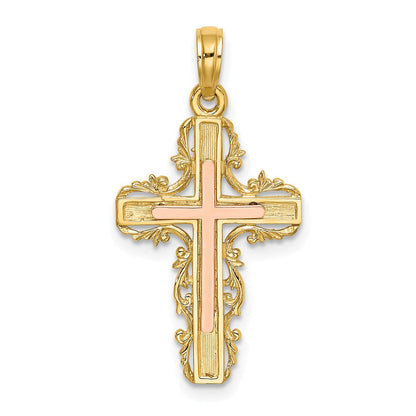 14K Zweifarbiges Gold Kreuz-Charm mit Zweifarbigem Gold-Spitzenbesatz