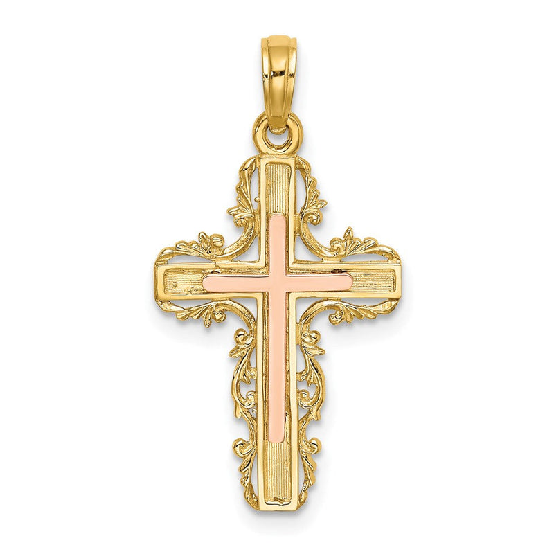 14K Zweifarbiges Gold Kreuz-Charm mit Zweifarbigem Gold-Spitzenbesatz