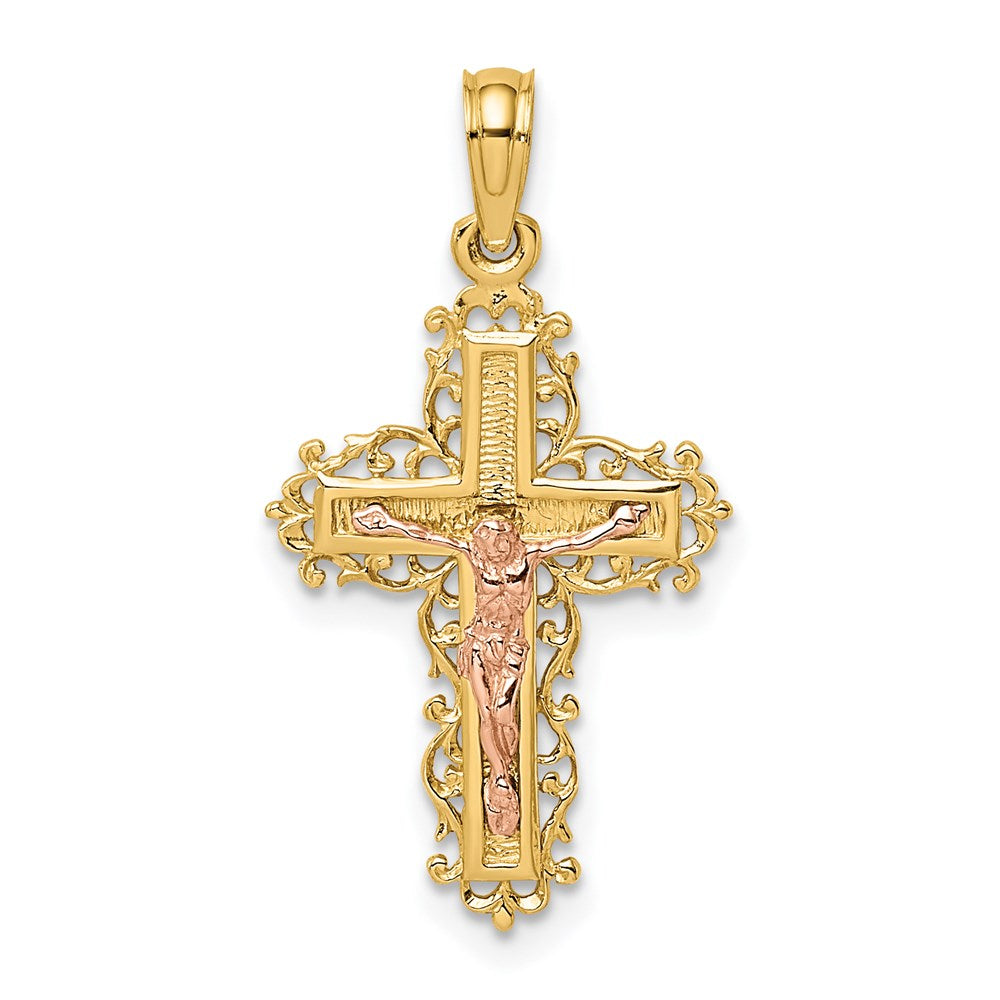14K Bicolor Kruzifix mit Lace Zierde Charm