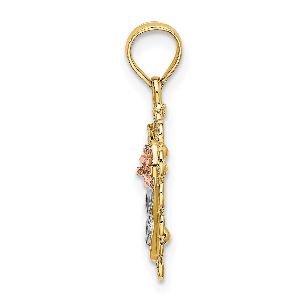 14K Bicolor Weiß Rhodium Herz mit Rose und Lace Zierde Charm
