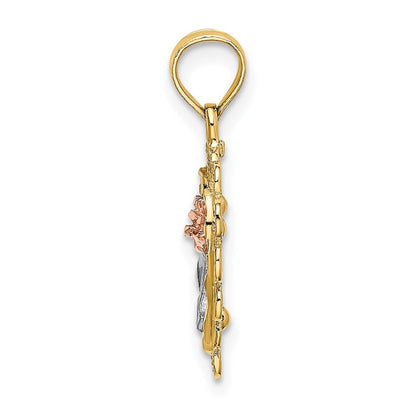 14K Bicolor Weiß Rhodium Herz mit Rose und Lace Zierde Charm