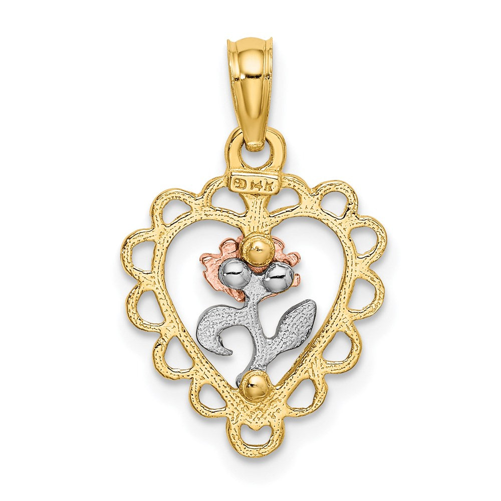 14K Bicolor Weiß Rhodium Herz mit Rose und Lace Zierde Charm
