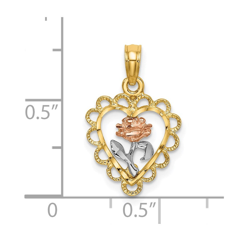 14K Bicolor Weiß Rhodium Herz mit Rose und Lace Zierde Charm