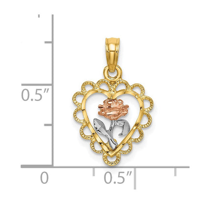 14K Bicolor Weiß Rhodium Herz mit Rose und Lace Zierde Charm
