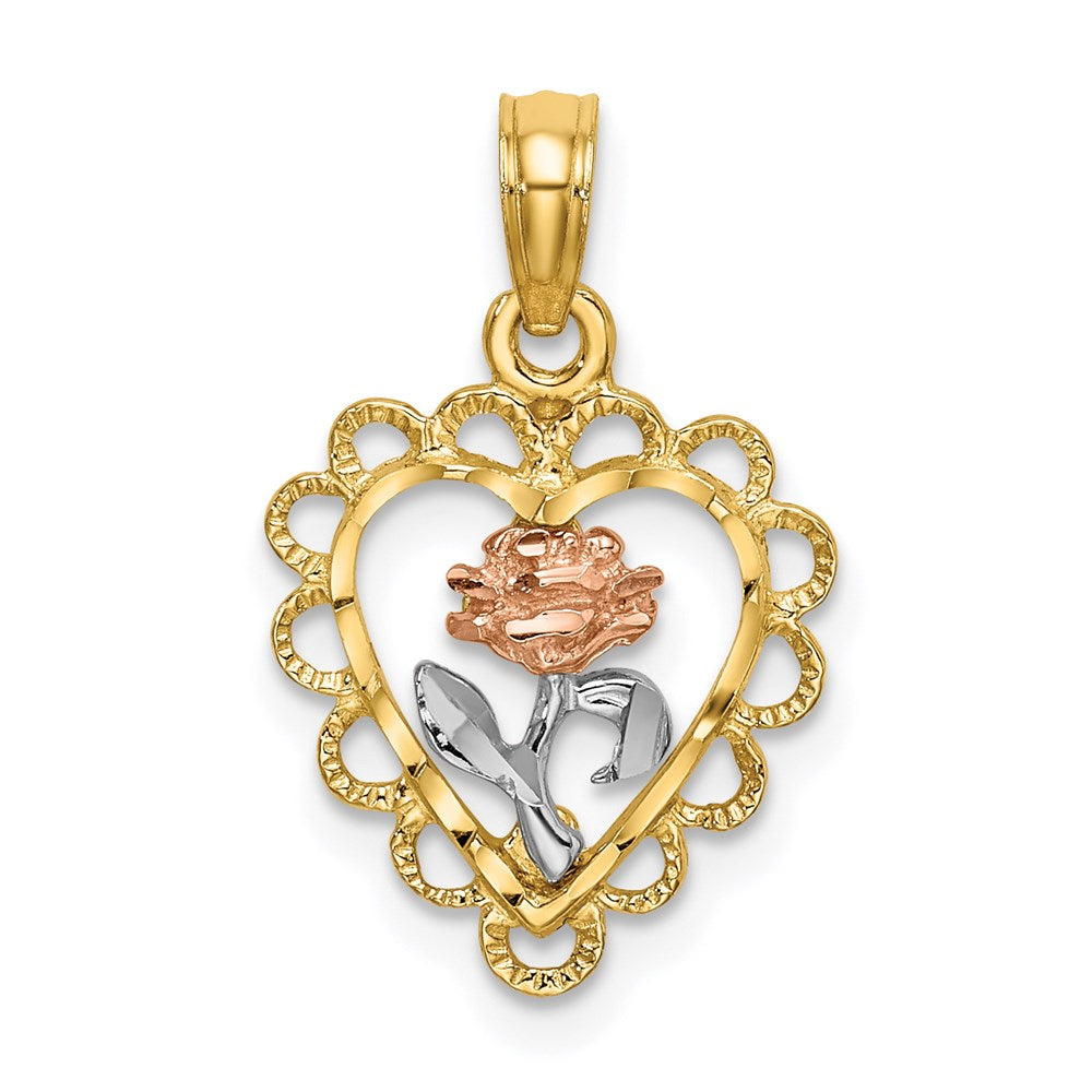 14K Bicolor Weiß Rhodium Herz mit Rose und Lace Zierde Charm