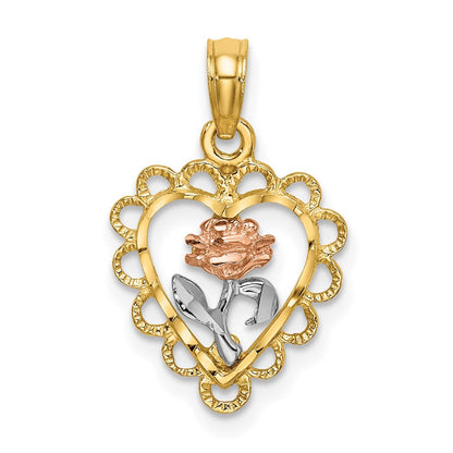 14K Bicolor Weiß Rhodium Herz mit Rose und Lace Zierde Charm
