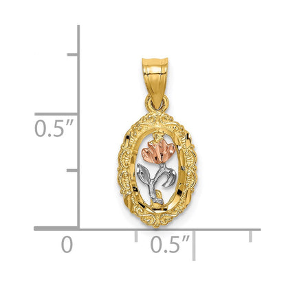 14K Bicolor mit Weiß Rhodium Rose in Oval Rahmen Charm