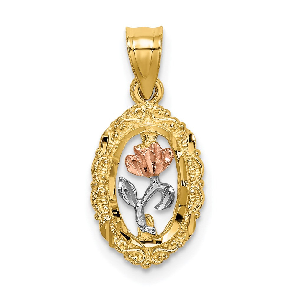 14K Bicolor mit Weiß Rhodium Rose in Oval Rahmen Charm