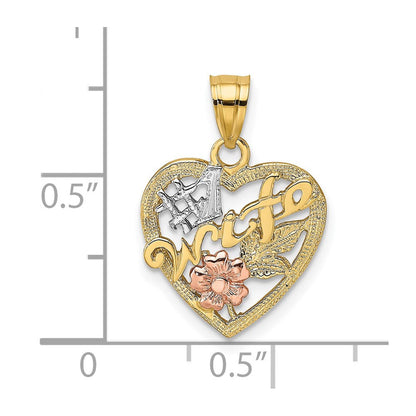 14K Bicolor mit Weiß Rhodium #1 Wife in Herz mit Blume Charm