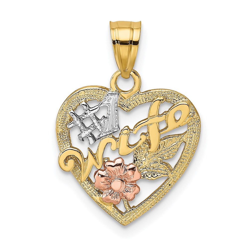 14K Bicolor mit Weiß Rhodium #1 Wife in Herz mit Blume Charm