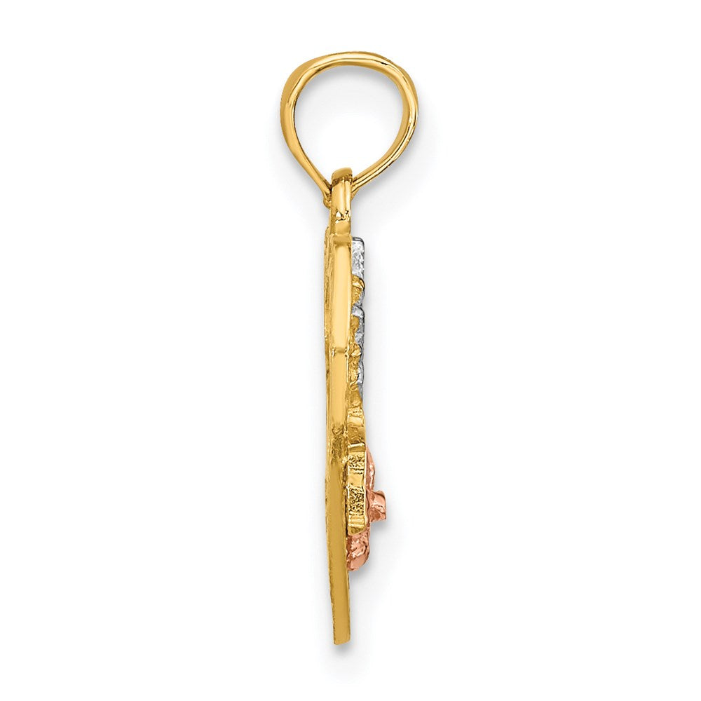 14K Bicolor Weiß Rhodium #1 Tochter in Herz mit Blumen Charm