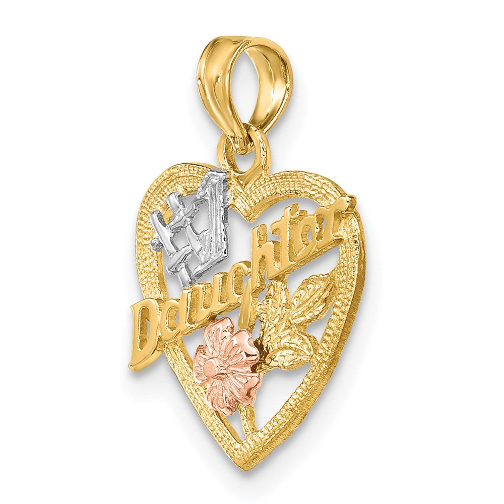 14K Bicolor Weiß Rhodium #1 Tochter in Herz mit Blumen Charm