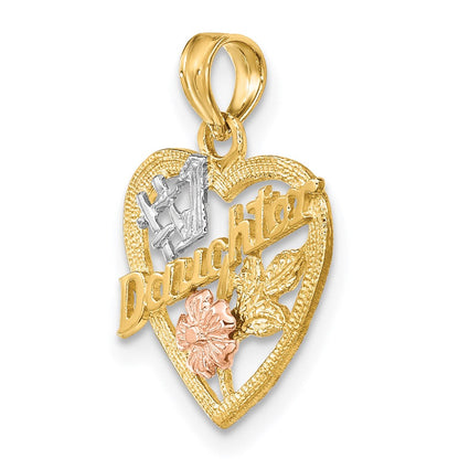 14K Bicolor Weiß Rhodium #1 Tochter in Herz mit Blumen Charm