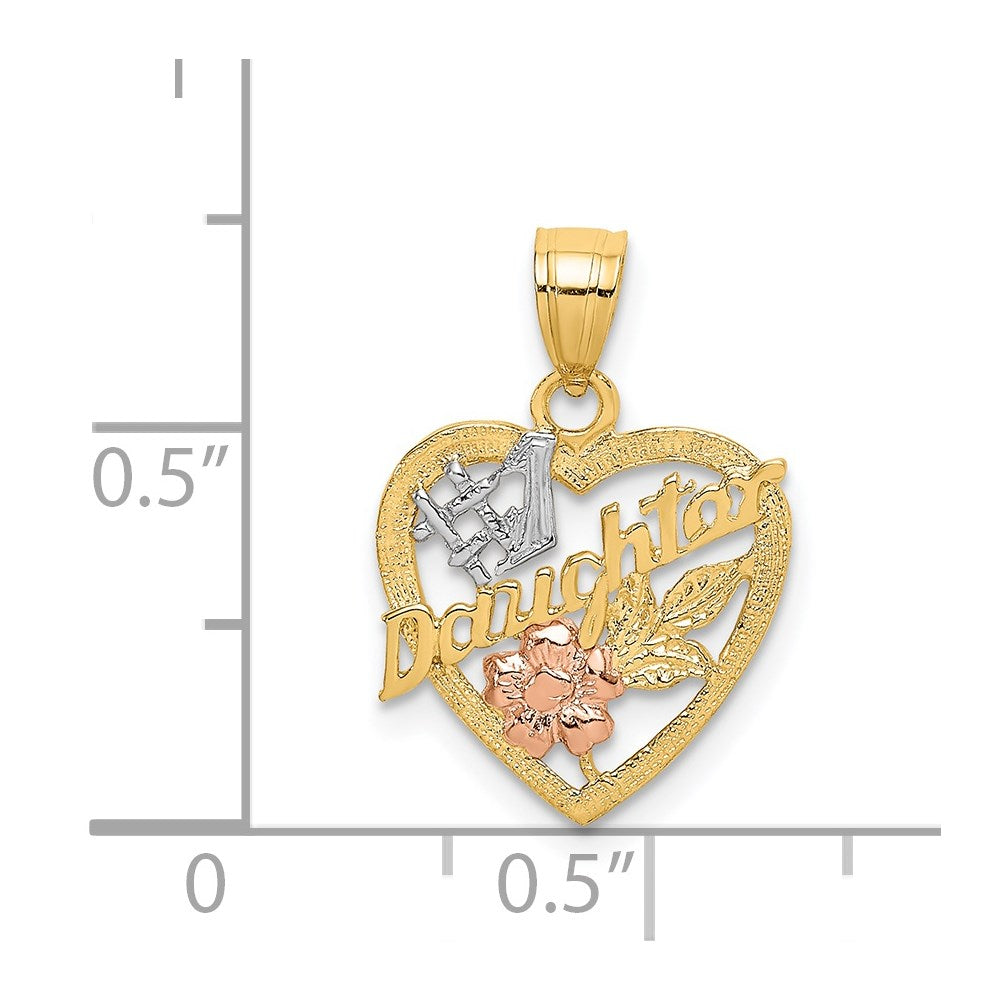 14K Bicolor Weiß Rhodium #1 Tochter in Herz mit Blumen Charm