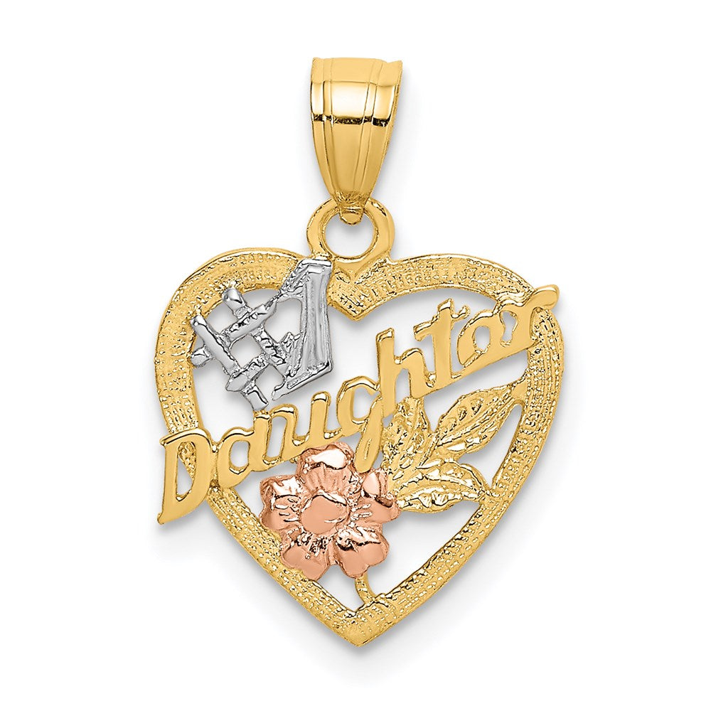 14K Bicolor Weiß Rhodium #1 Tochter in Herz mit Blumen Charm