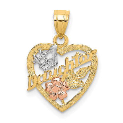 14K Bicolor Weiß Rhodium #1 Tochter in Herz mit Blumen Charm