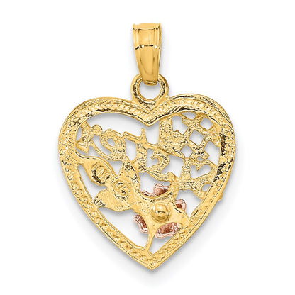 14K Bicolor Weiß Rhodium #1 Schwester in Herz mit Blumen Charm