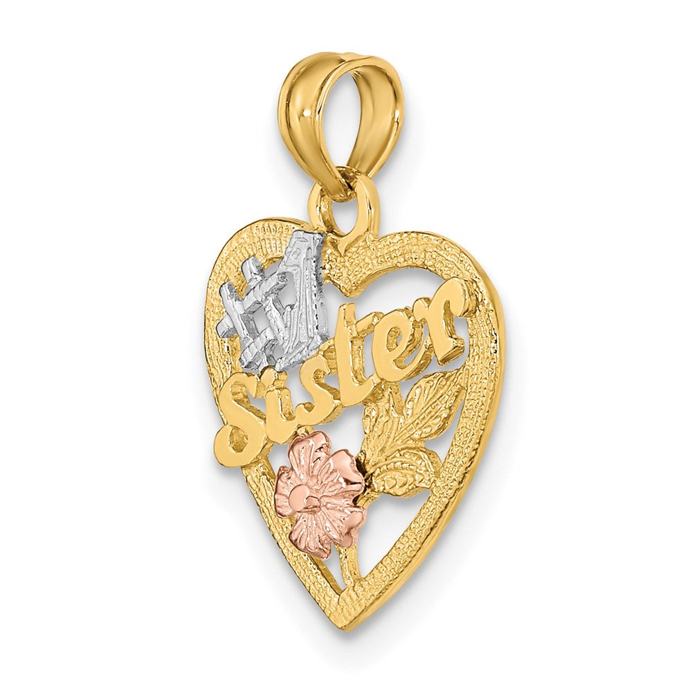 14K Bicolor Weiß Rhodium #1 Schwester in Herz mit Blumen Charm