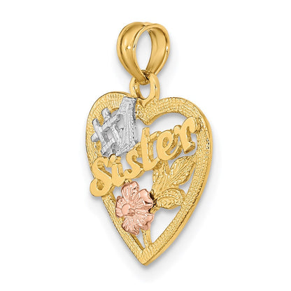 14K Bicolor Weiß Rhodium #1 Schwester in Herz mit Blumen Charm