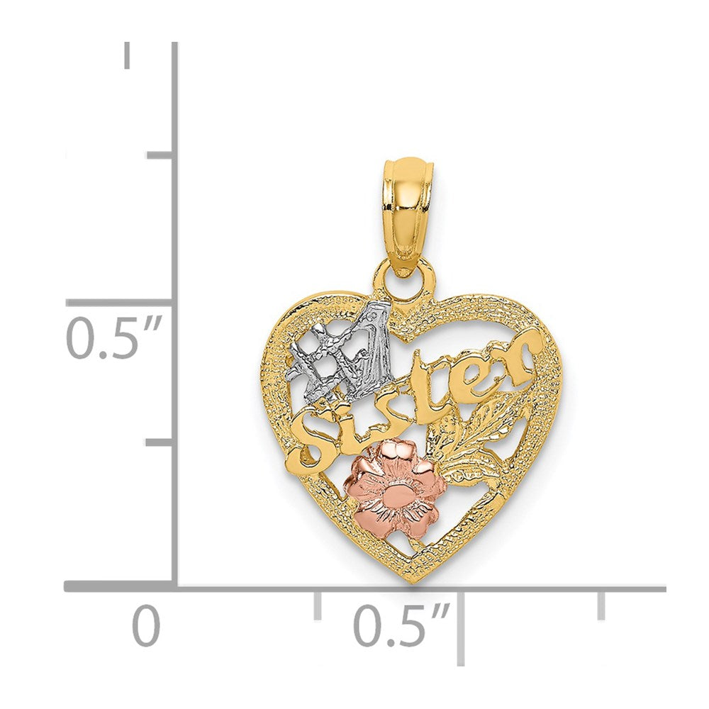 14K Bicolor Weiß Rhodium #1 Schwester in Herz mit Blumen Charm