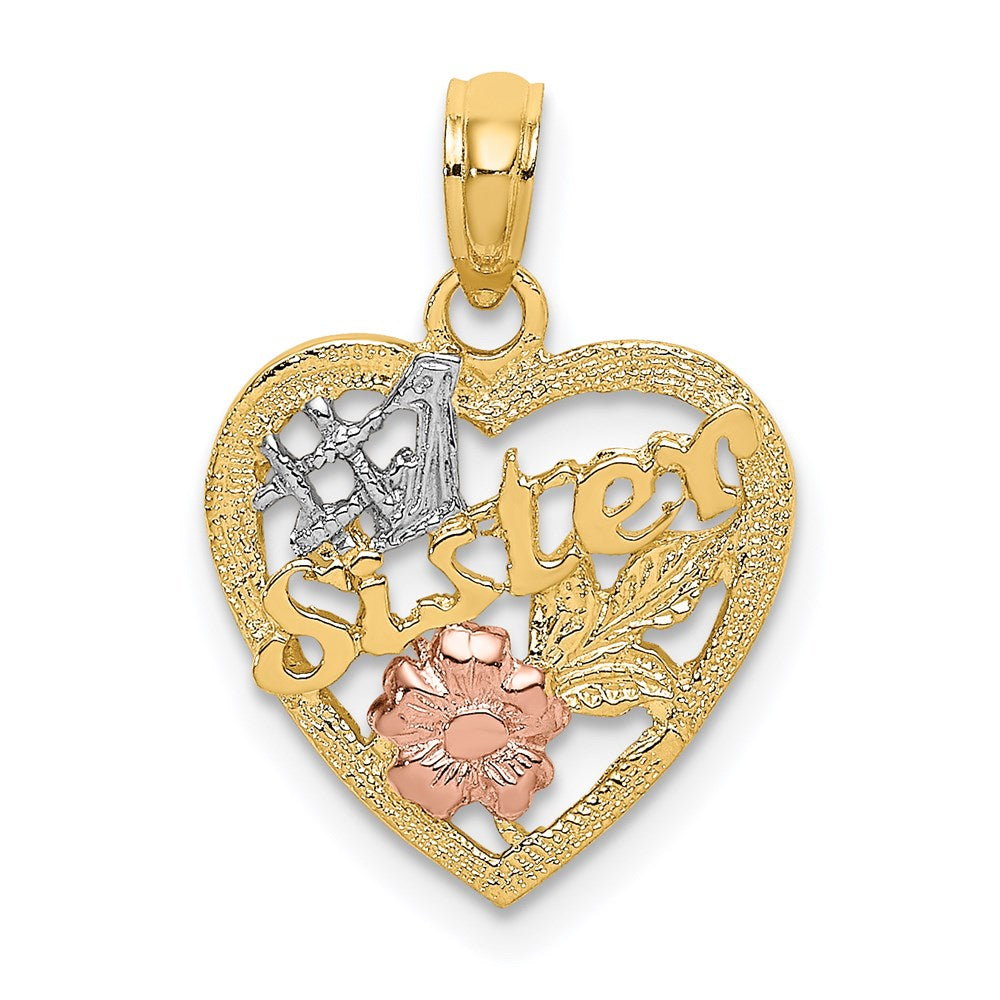 14K Bicolor Weiß Rhodium #1 Schwester in Herz mit Blumen Charm